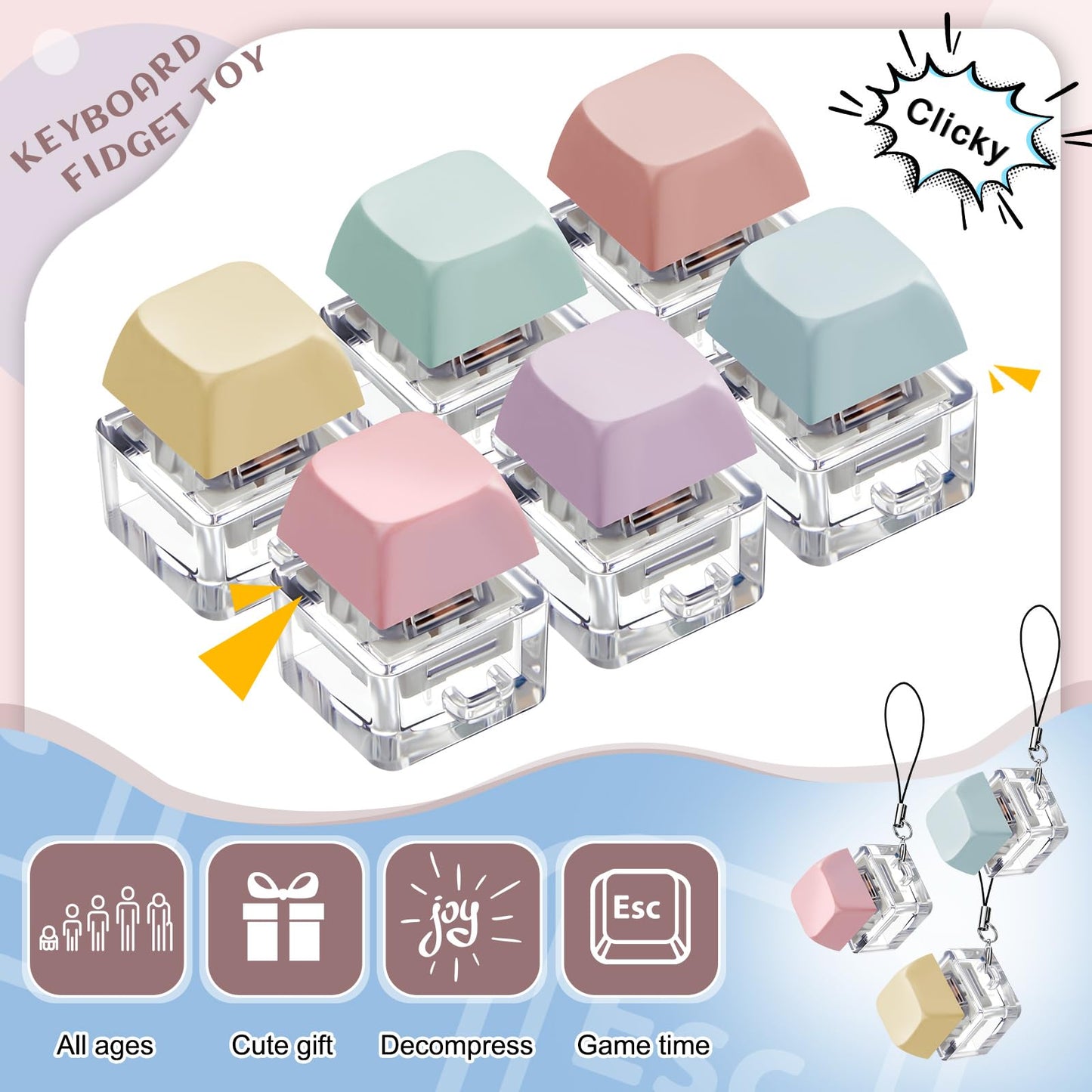 Taiyin 6 Pcs Keyboard Fidget Toy Fidget Clicker Keyboard Keychain Decompression Toys Button Stress Relief Gifts For Adult To Relief Stress Pass The Time(Macaron Colors)