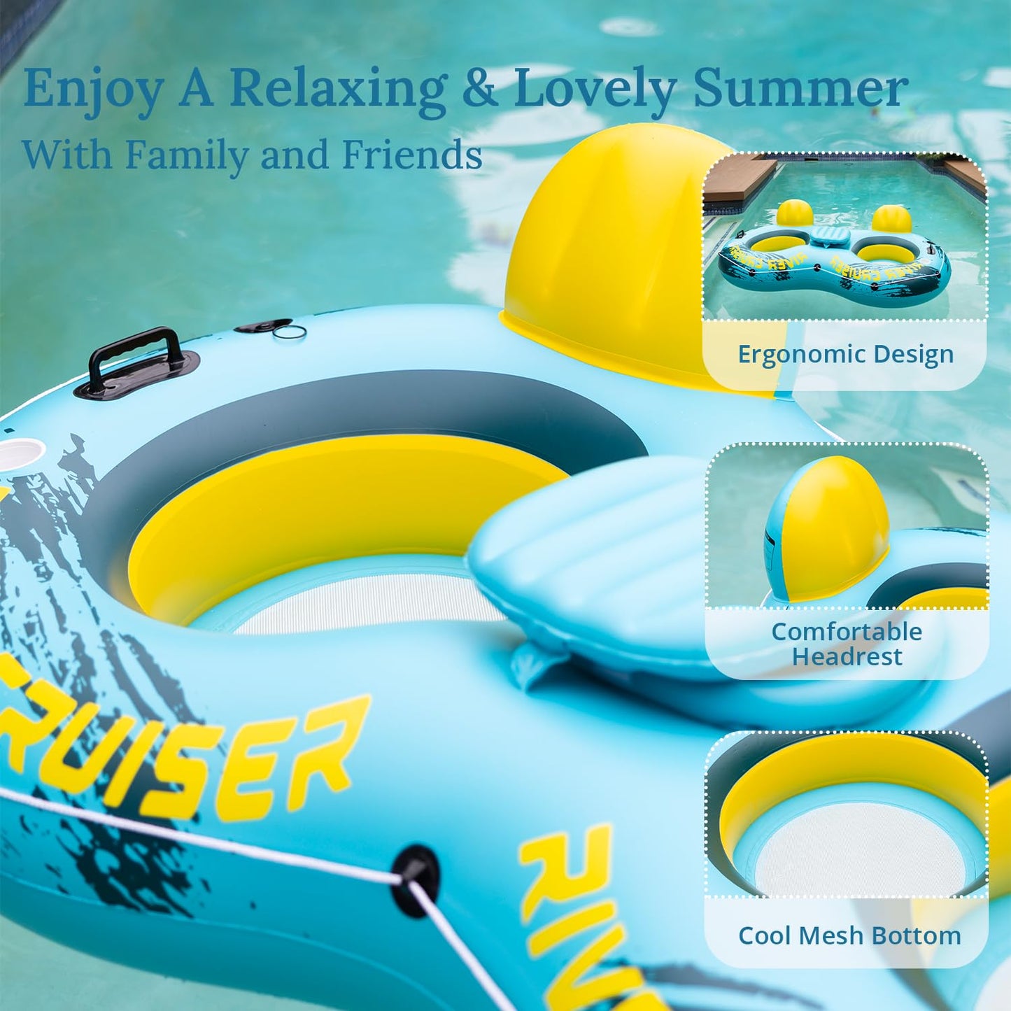 Sunrio 2025 New & Upgrade 2 Person Double River Tubes for Floating Heavy Duty Inflatable Floating Lounger enhanced Water Rafts Pool Float Above Lake and River for mature-themeds (Green-Yellow)