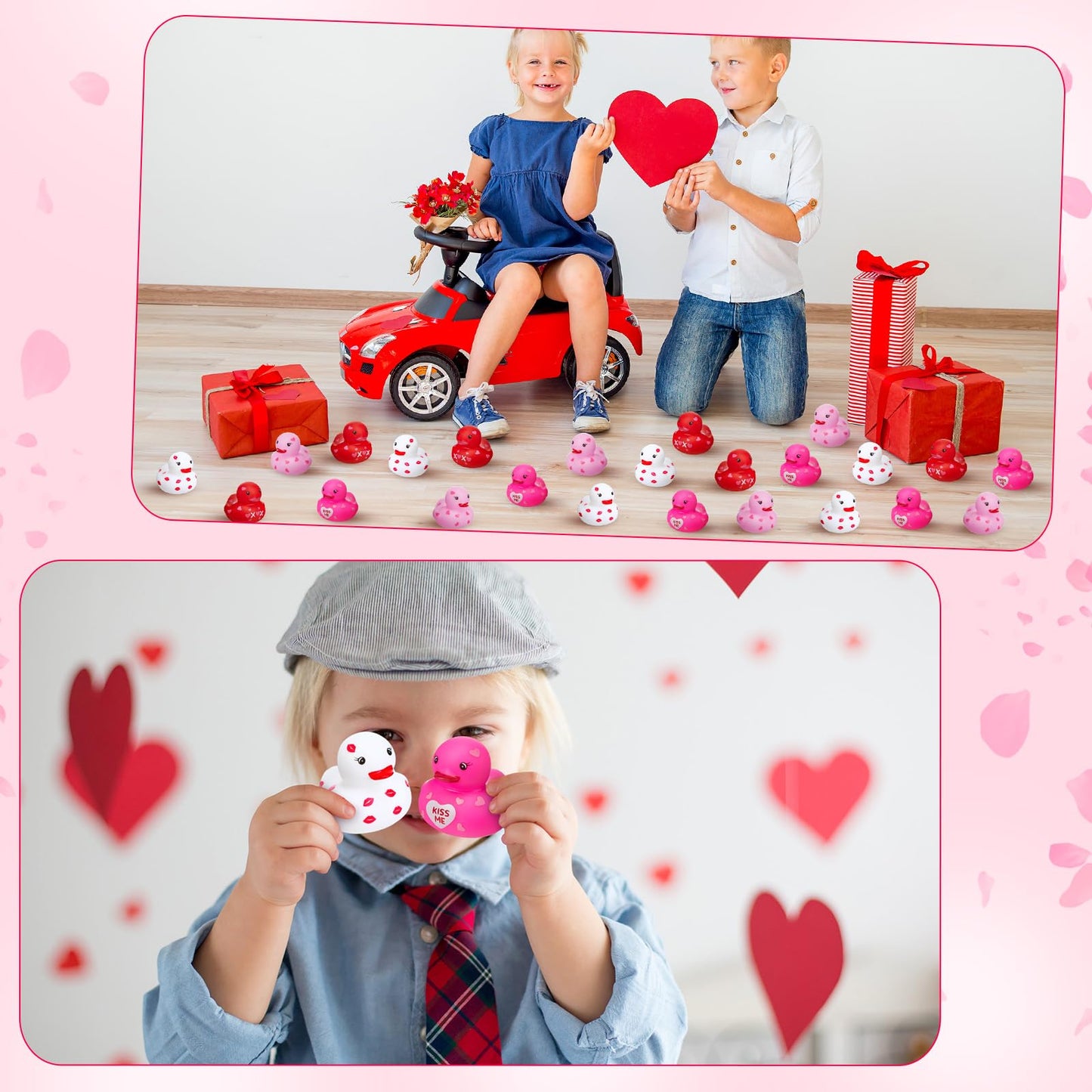 Motionchic 24 Pcs 2 Inch Valentine'S Day Rubber Duck Love Heart Squeaky Holiday Duckies Novelty Pink Red Bath Toys For Party Fav