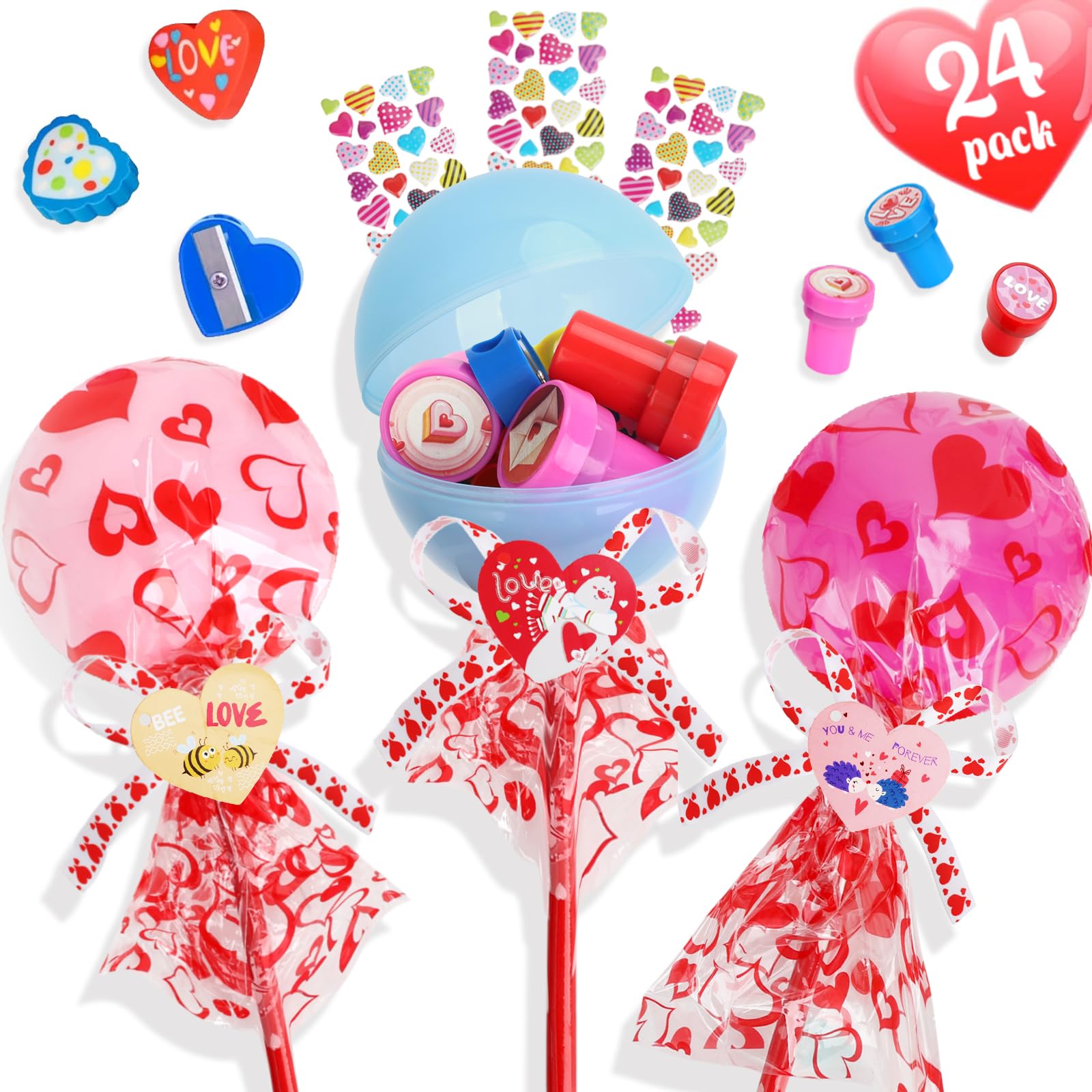 24 Pcs Giant Lollipop-Shaped Valentine s Day Stationery Gift Set Includes Cards, Pencils, Stickers, Erasers, Stampers & Sharpen
