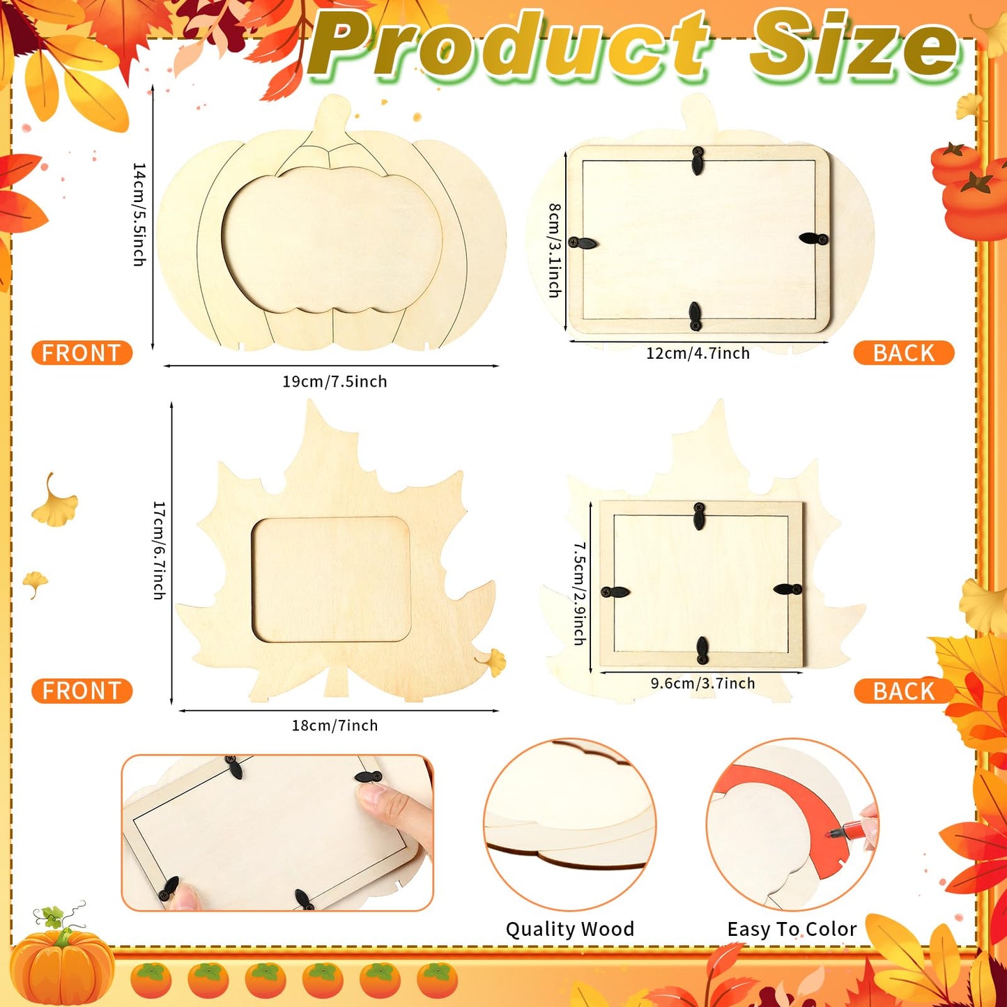 Geelin 12 Pack Thanksgiving DIY Picture Frame Craft Kits Wooden Pumpkin Maple Leaf Photo Frames Bulk Fall Thanksgiving Crafts fo