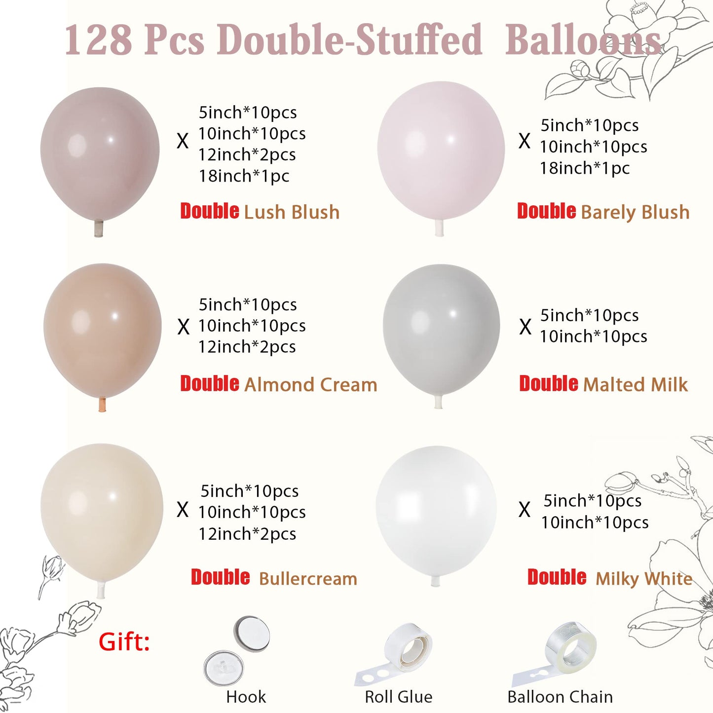Boho Balloons Garland Arch Kit - 128Pcs Double Stuffed 18/12/10/5 Inch Double Garland Kit Layer Matte White Cream Peach Pink Bal