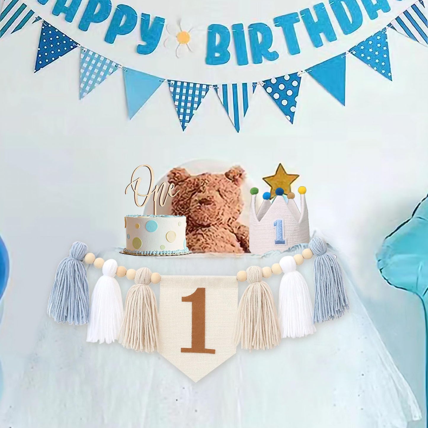 Baby Boy 1St Birthday Party Decorations For Handmade Tassel Garland Highchair Banner With Cake Topper Crown Hat