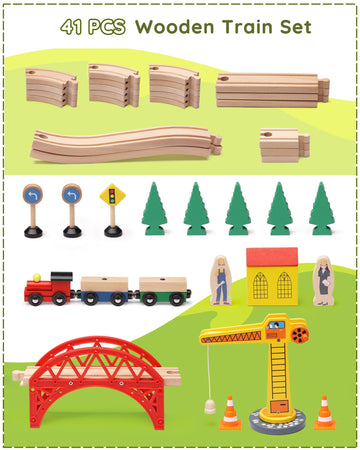Sainsmart Jr. Wooden Train Set For Toddler, 41Pcs Wood Train Track W/Crane Fits Brio, Thomas, Melissa And Doug, Kids Wood Toy Train For Kids Ages 3+
