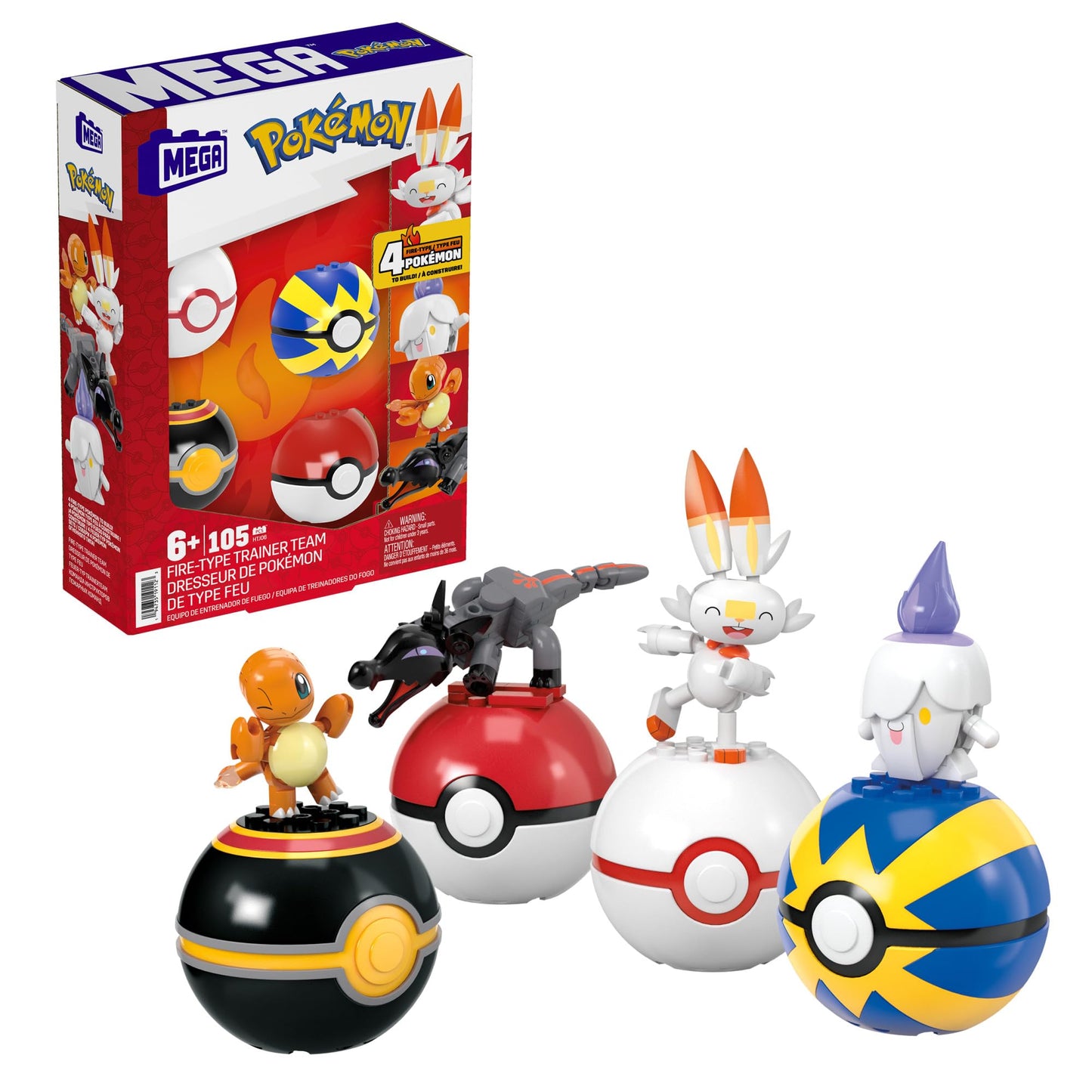 Mega Pokémon Building Toys Set Fire-Type Trainer Team With 105 Pieces, 4 Poseable Character, 2 Inches Tall, For Kids