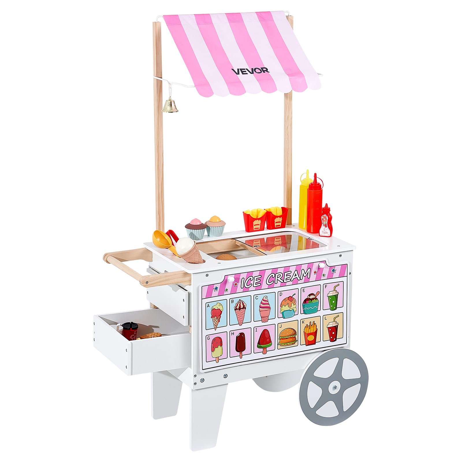 VEVOR Ice Cream Cart for Kids, 20+ PCS Accessories, Pretend Play Ice Cream Shop Kitchen Food Toys with Ice Cream Cone & Popsicle