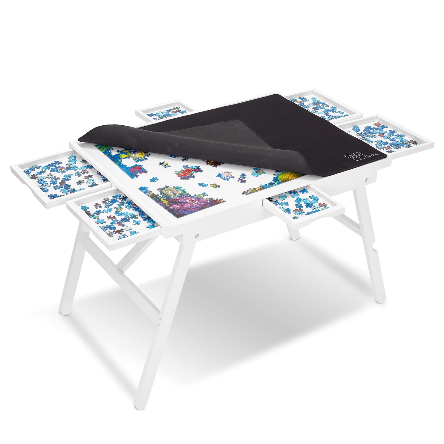 Jumbl 1000-Piece Puzzle Table W/Cover | 23” X 31” Jigsaw Puzzle Board W/Legs 6 Removable Storage & Sorting Drawers | Smooth Plateau Fiberboard Work Surface & Reinforced Hardwood | For Games & Puzzles