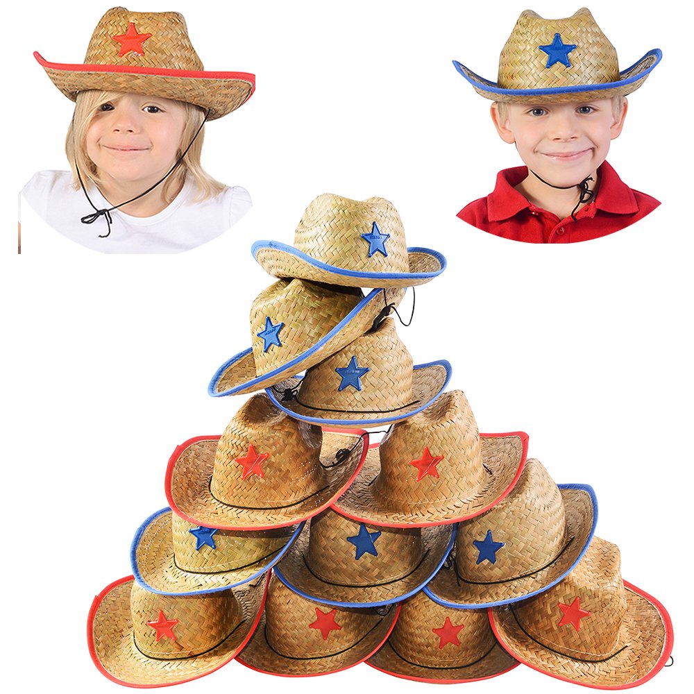 Funny Party Hats Cowboy Party Hats - 12 Straw Cowboy Hats - Medium - Red, Blue - Costume Headwear - For children, cowboy party p