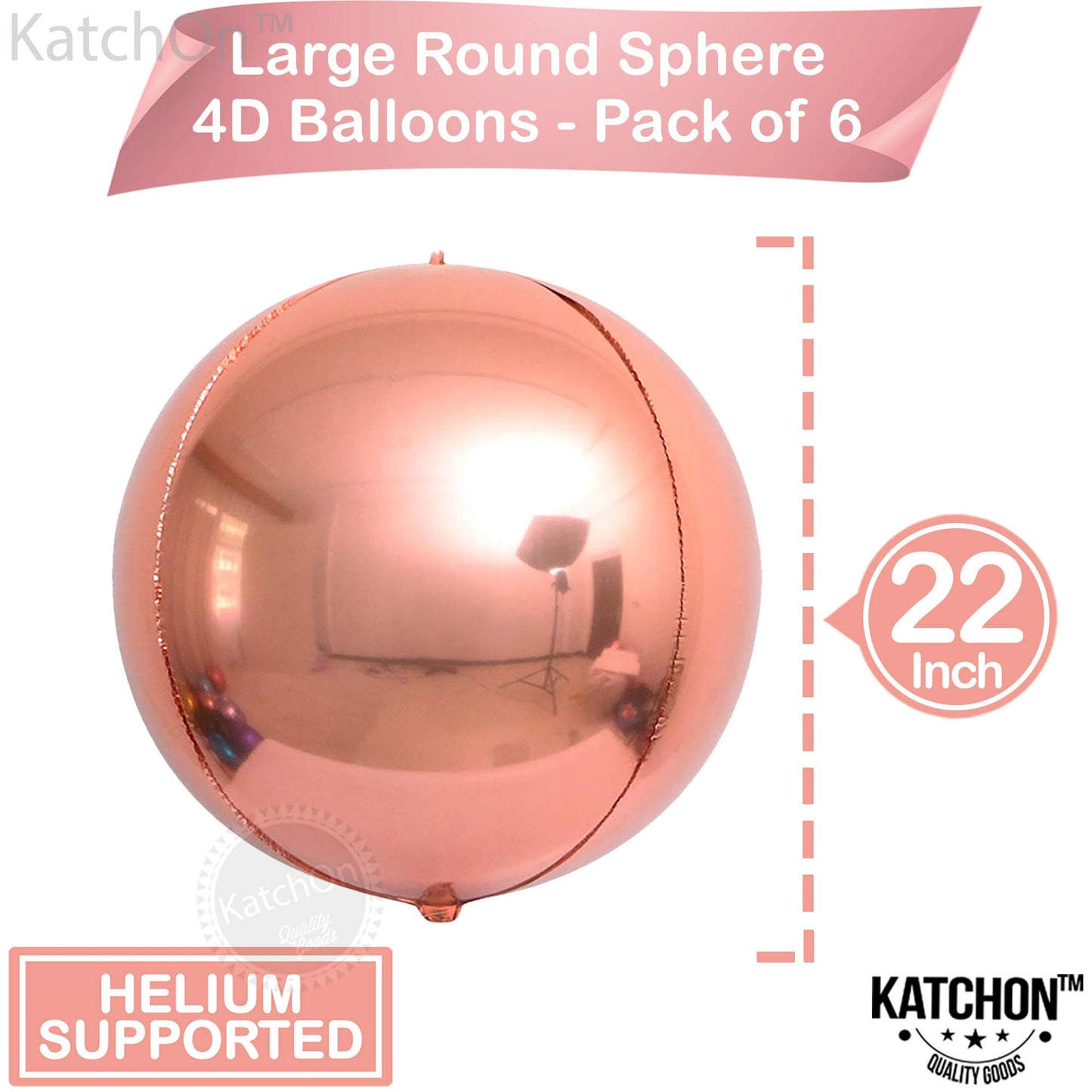Katchon, Giant Rose Gold Balloons - 22 Inch, Pack Of 6 | Rose Gold Foil Balloons For Rose Gold Party Decorations | Rose Gold Mylar Balloons, Rose Gold Metallic Balloon For Girls Rose Gold Decorations