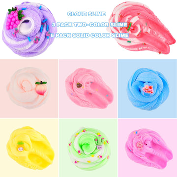 Cloud Slime Kit 9 Pack  with Peach Watermelon Pineapple Cake Slime Charms  DIY Slime Supplies for Girls and Boys  Stress Relief Toy for Kids Education  Party Favor  Gift and Birthday
