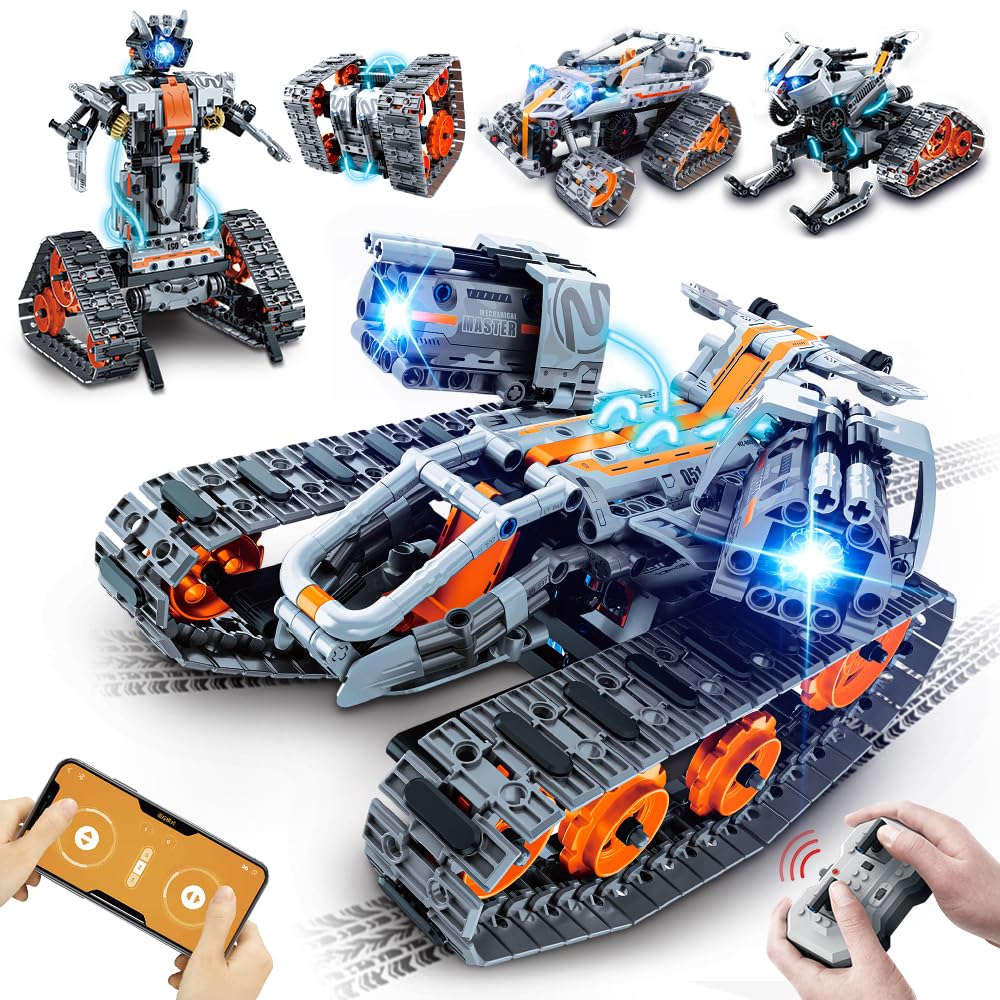 Hogokids 5 In 1 Stem Building Set With Led Light - App & Remote Controlled Cars Building Toys Kit, Rc Robot Tank Sleigh Tracked Racer 604 Pcs, Toy Gifts For Kids Boys Girls Ages 6 7 8 9 10 11 12+ Year