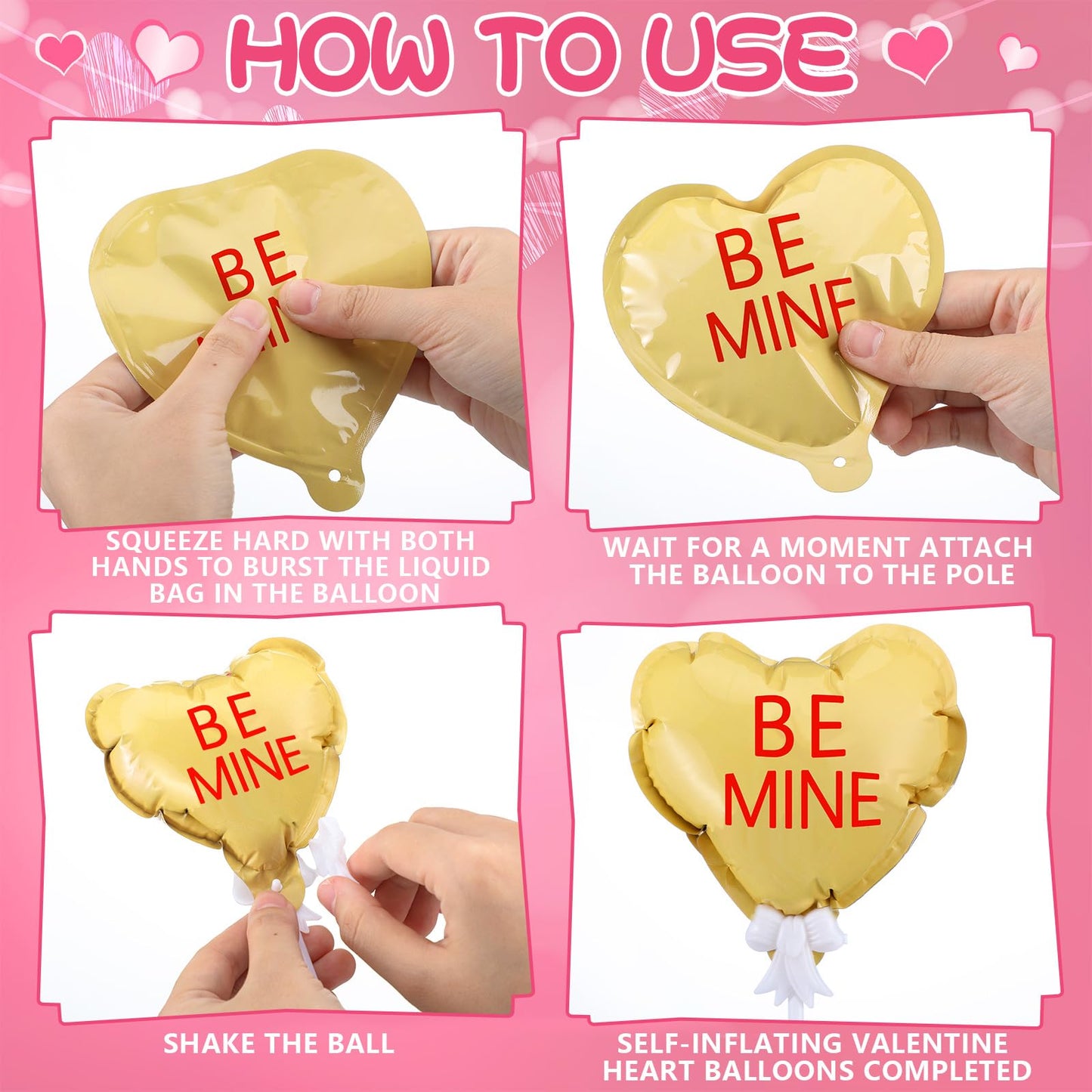 Gemscream 24 Pcs Valentines Day Conversation Heart Balloons Self Inflatable Heart Balloons with Bow Rod 4 Inch Mini Valentine D