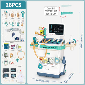 Sotodik Doctor Kit For Kids 28 Accessories Pretend Medical Station Set Mobile Cart With Lights,Thermometer, Stethoscope And Doct