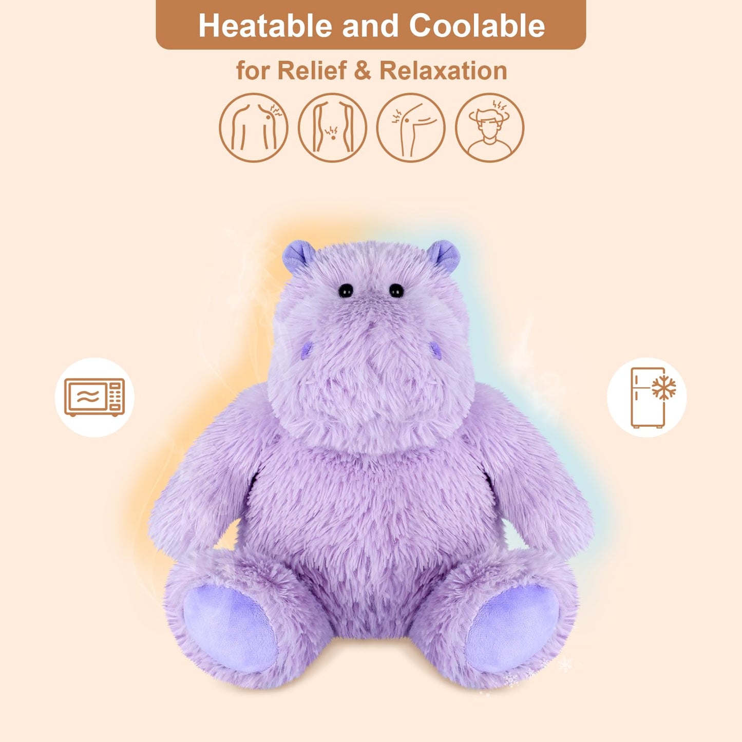 SuzziPals Hippo Plush Heating Pad - Warmable & Coolable Purple Stuffed Animal for Stress Relief, Cute Gift for Kids & Women