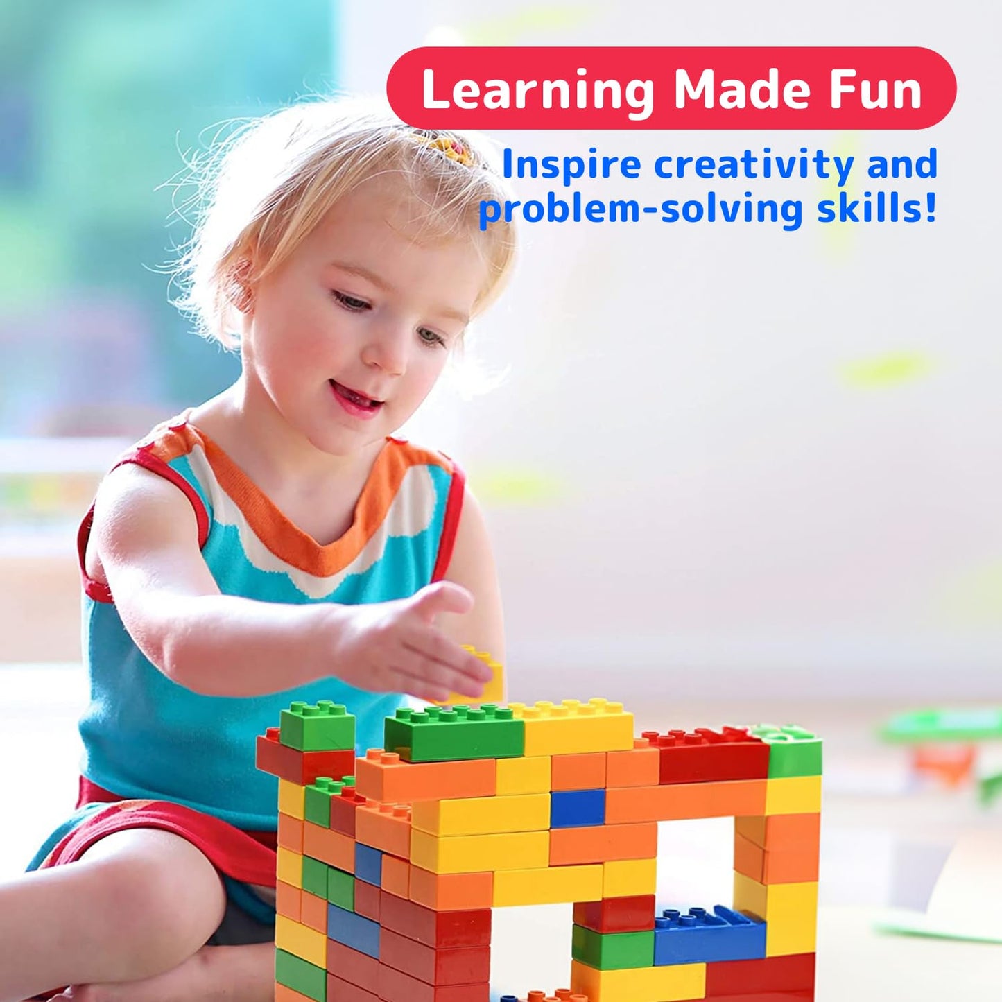 PREXTEX 100-Piece Multicolor Building Blocks Set for Toddlers - Jumbo Plastic Toy Blocks to Encourage Creativity and Motor Skills