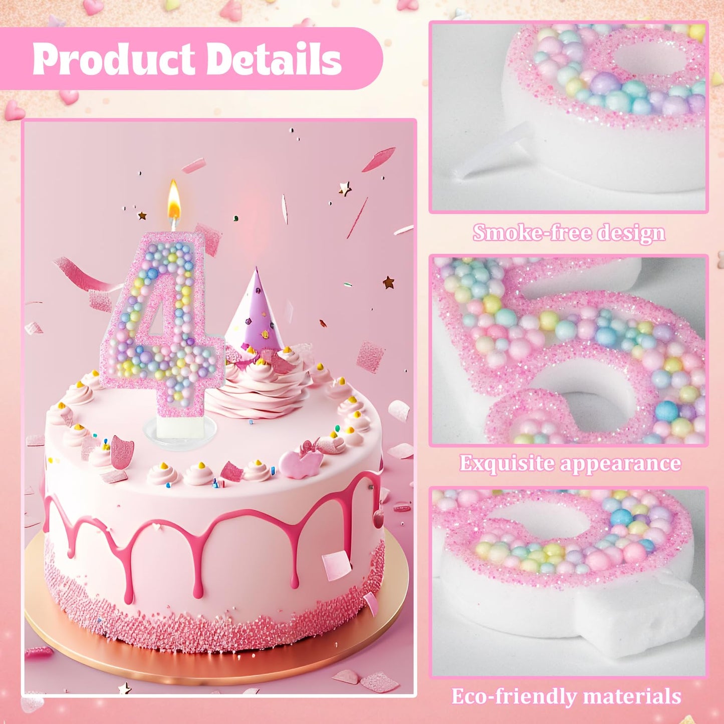 Zlongron Birthday Number Candles, Handmade Macaron 3D Flash Number 4 Candle, Suitable for Girls and Boys Birthdays, Weddings, A