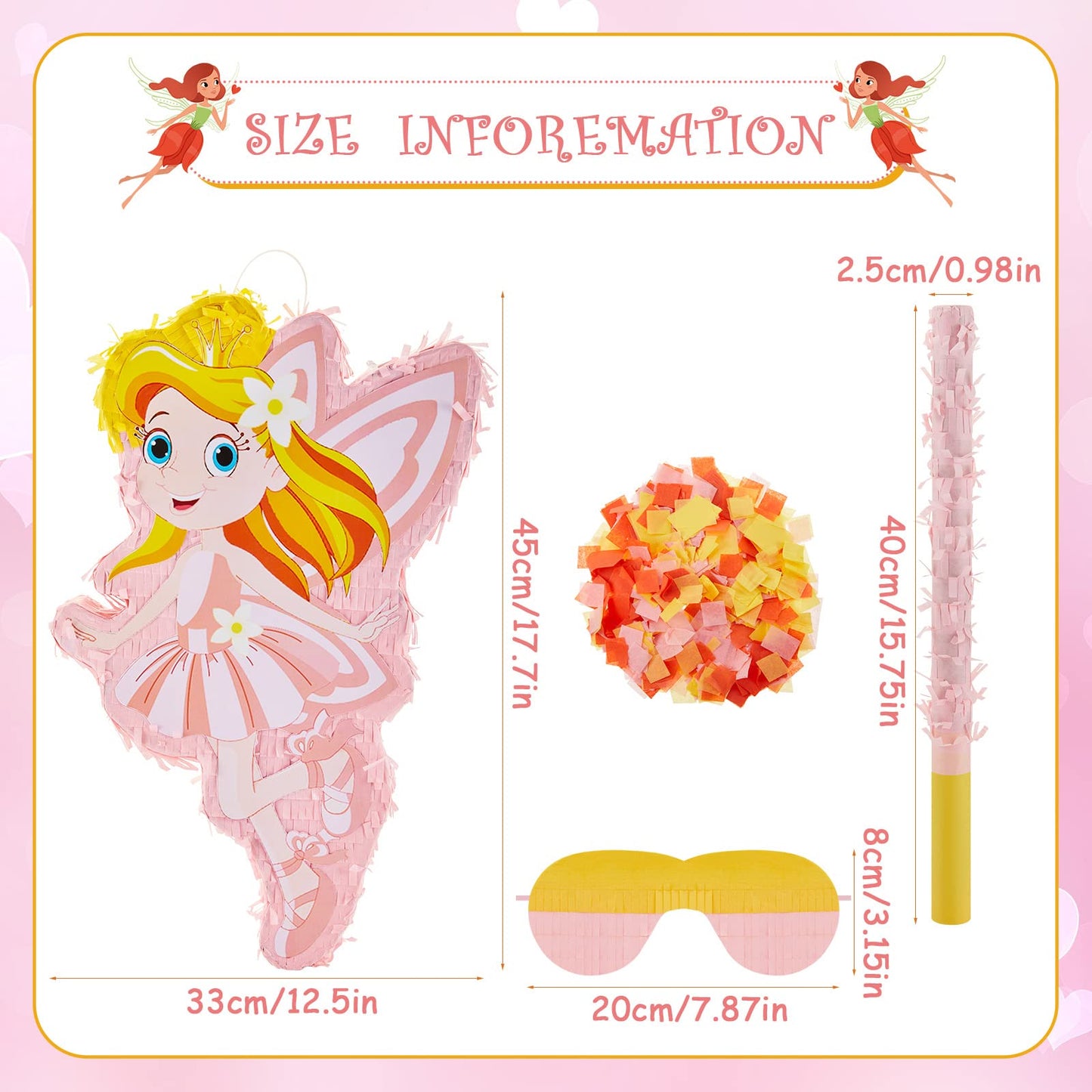 Lewtemi 4 Pcs Fairy Princess Piata Set 15.7 x 12.5 x 3  Pink Piata with Stick Blindfold Colorful Confetti, Small Piata for Girl