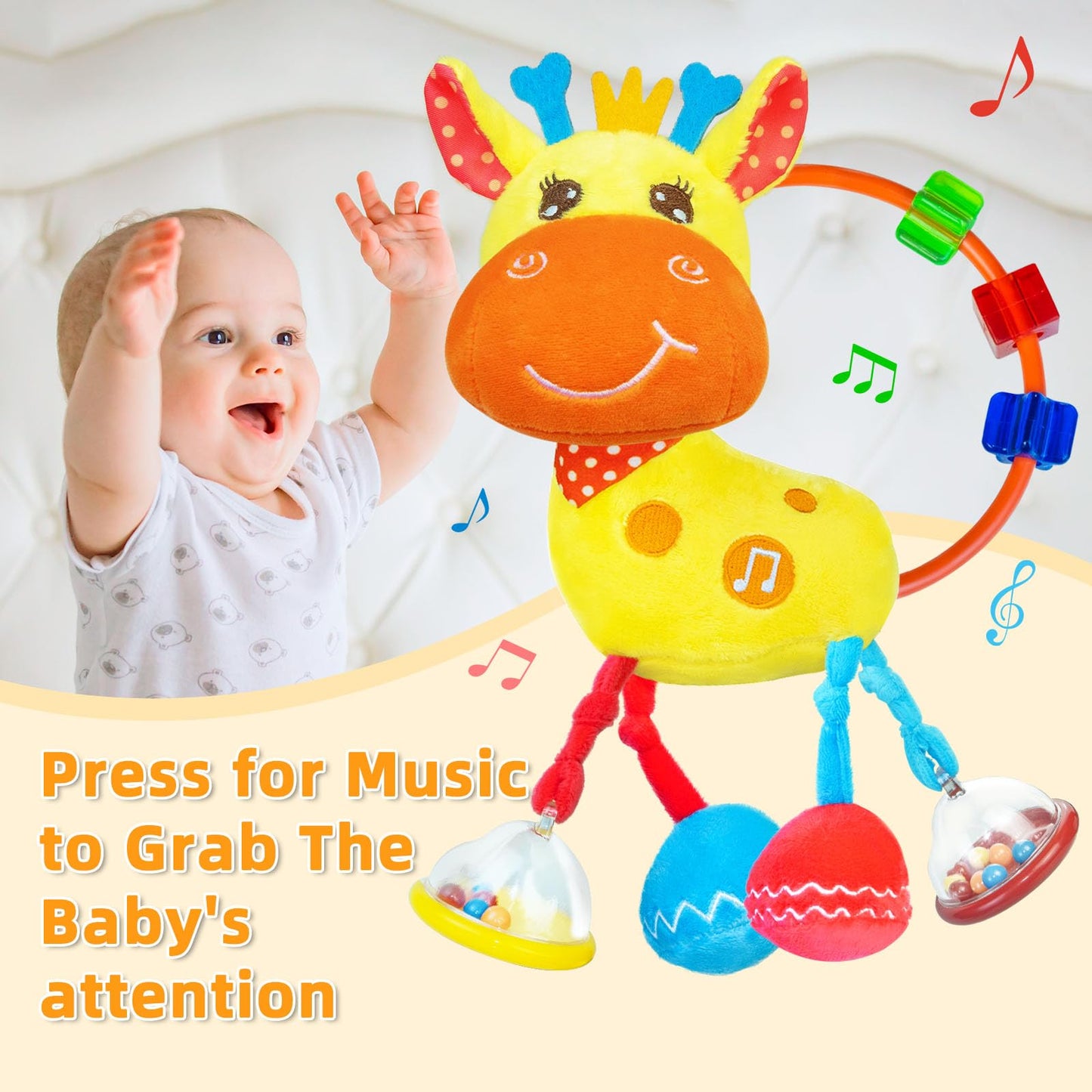 Baby Sensory Toys 0-6 3-6 Months,Infant Baby Musical Stuffed Animal Activity Soft Toys, 3+ Months Rattles Teething Toys For Babi