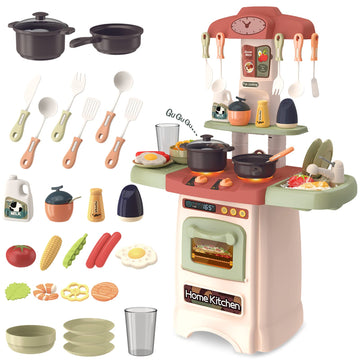 deAO Kitchen Toys for Kids Kitchen Playset Toy with Sounds and Lights Role Playing Game Pretend Food and Cooking Playset,26 PCS 