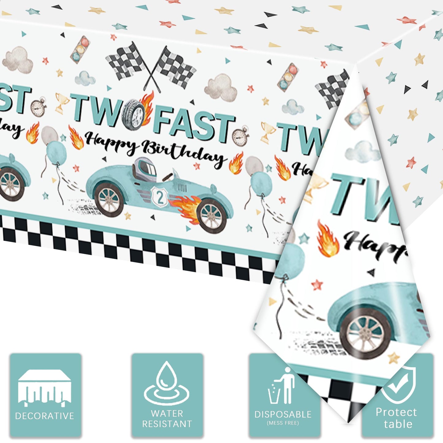 Rejoice Bunny 3Pcs Two Fast Tablecloths For Kids Boys 2Nd Birthday Party Decorations Two Fast Two Curious Racing Car Bday Table
