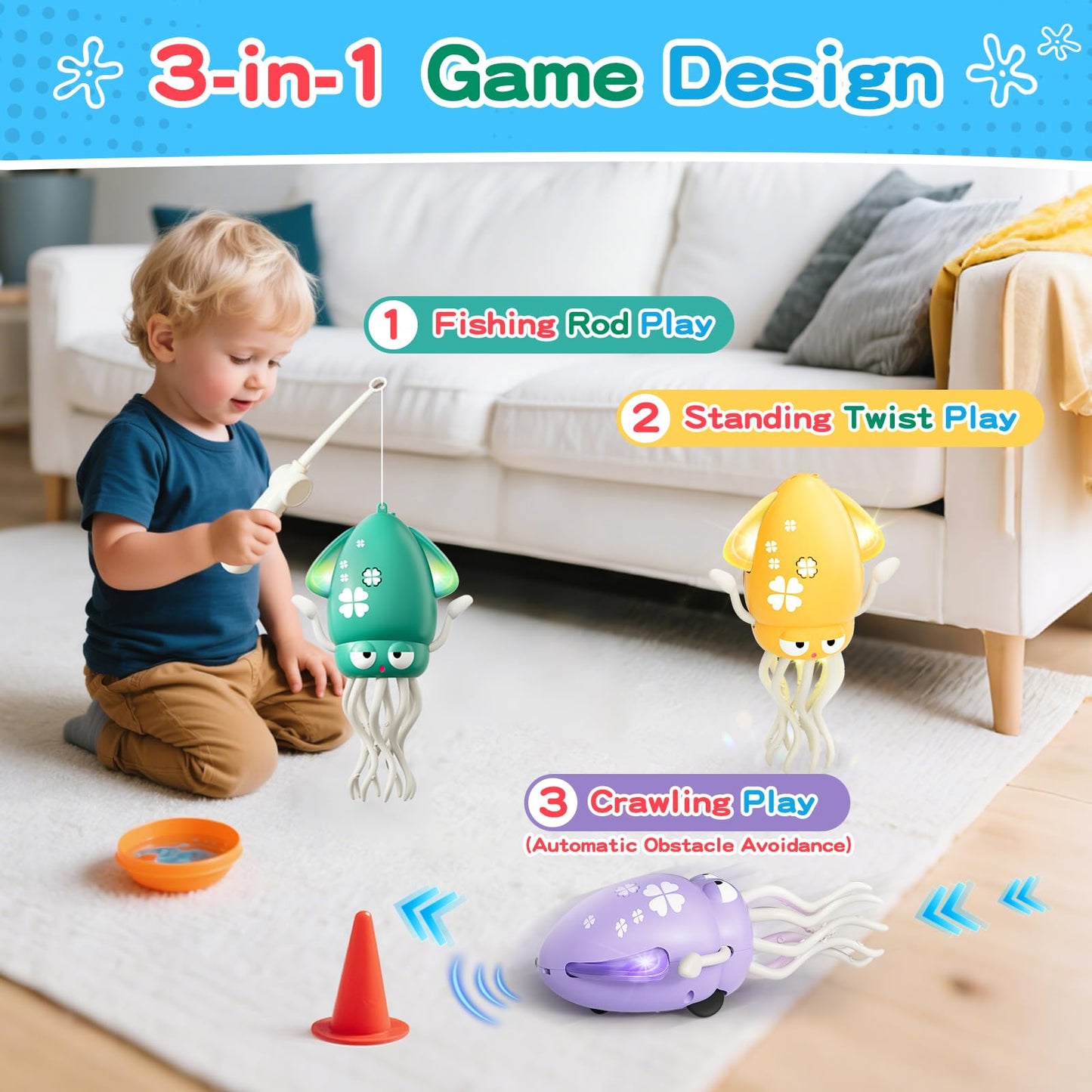 Dancing Squid Baby Toy, Dancing Octopus Tummy Time Toys for Toddlers, Infant Crawling Walking Baby Toys with Music & Light for 3