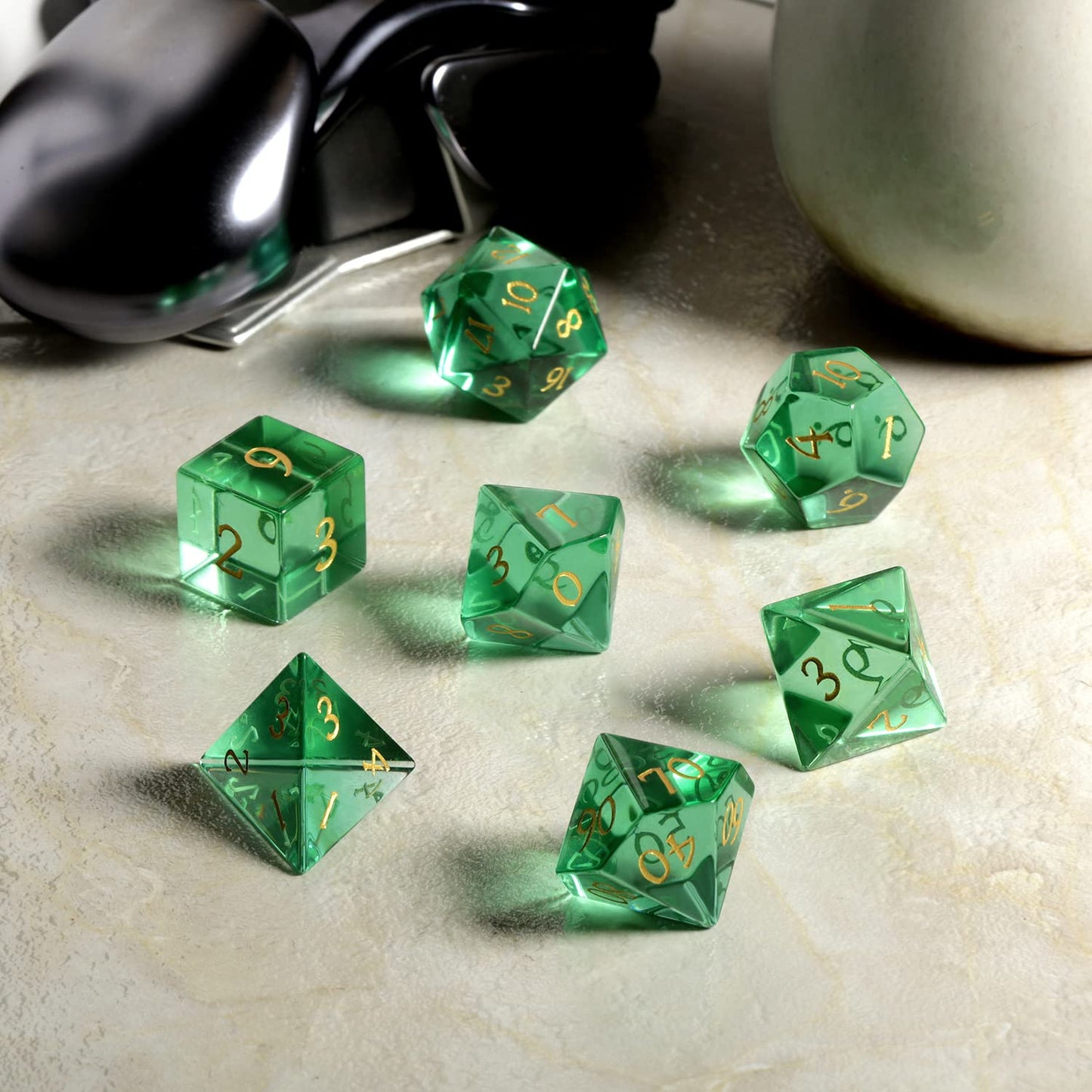 D&D Dice, Dndnd 7 Piece Zircon Glass Dice Set With Great Gift Box For Dungeons And Dragon Dnd Tabletop Game (Green Glass With Go