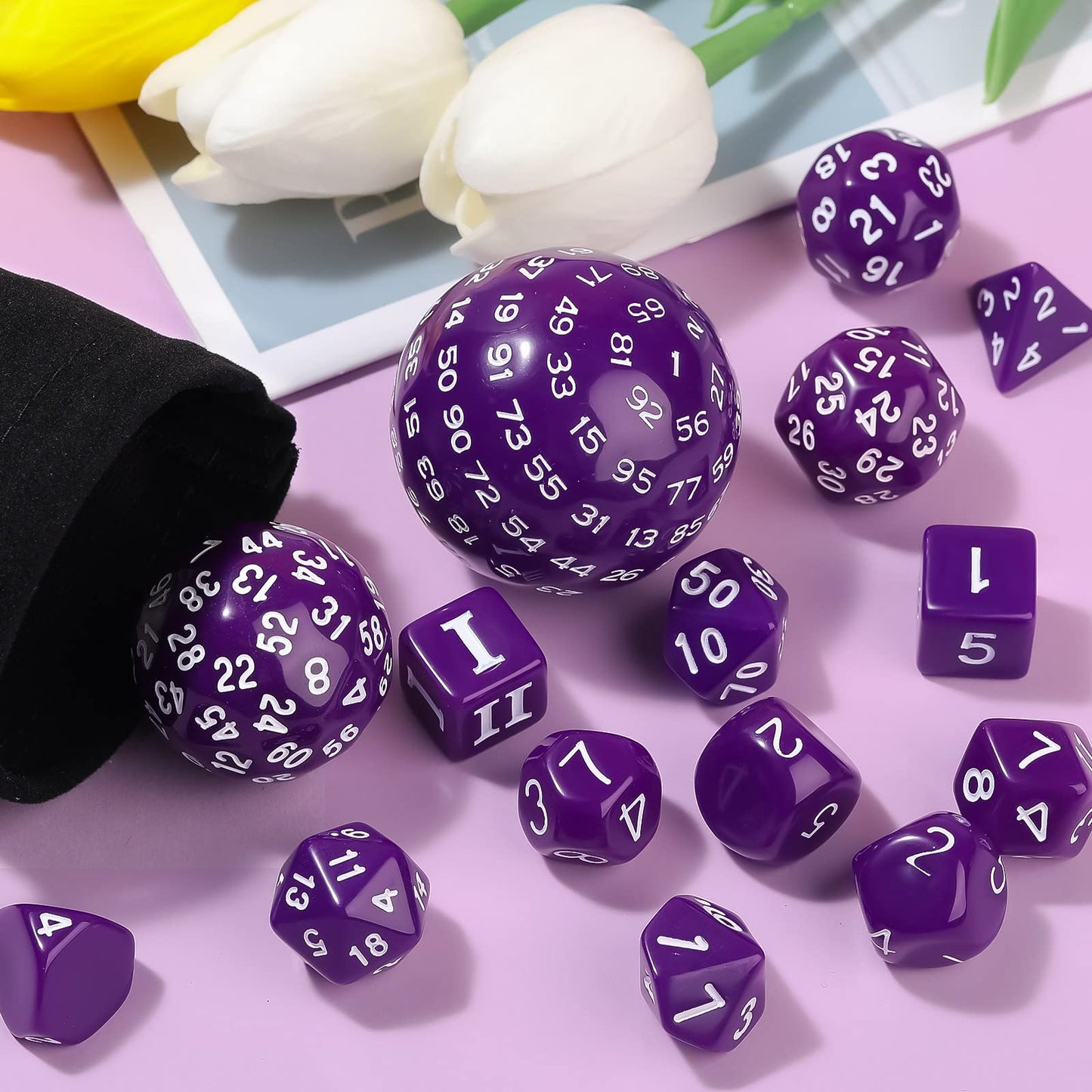 Civaner 15 Pcs Complete Polyhedral Dice Set D3-D100 Spherical RPG Dice Set in Opaque Black, 100 Sides for Role Playing Table Gam