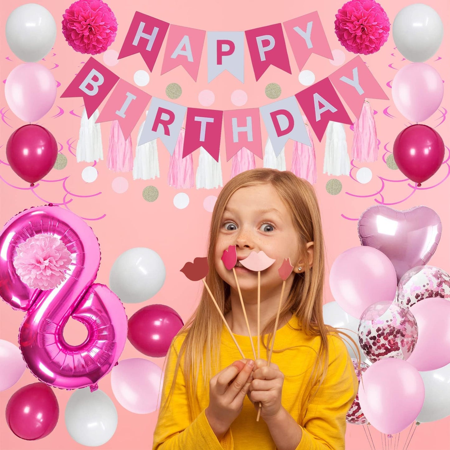 Sweet 8Th Birthday Decorations For Girls, Pink And White 8 Happy Birthday Balloons,8Th Birthday Party Supplies For Daughter Her
