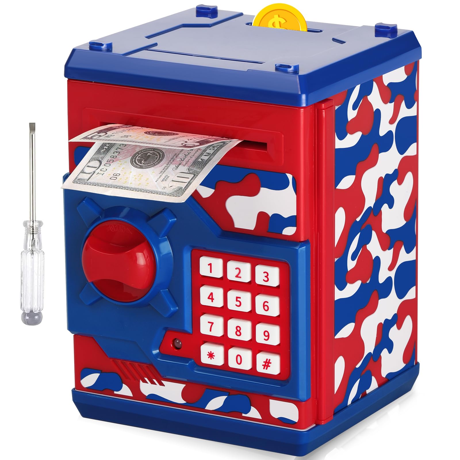 Atm Piggy Bank For Boys Girls, Vcertcpl Mini Atm Coin Bank Money Saving Box With Password, Kids Safe Money Jar For Adults With Auto Grab Bill Slot, Great Gift Toy Bank For Kids (Camouflage Red Blue)