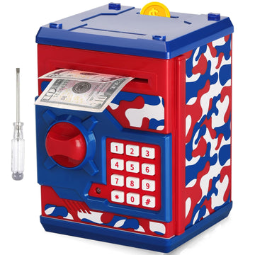 Atm Piggy Bank For Boys Girls, Vcertcpl Mini Atm Coin Bank Money Saving Box With Password, Kids Safe Money Jar For Adults With Auto Grab Bill Slot, Great Gift Toy Bank For Kids (Camouflage Red Blue)