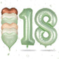 Biapian 40 Inch Sage Green Number 18 Balloons, Large Foil Number 1 & 8 Balloons With 18'' Cream Brown Heart Balloons For 18Th Ye