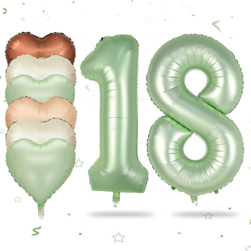 Biapian 40 Inch Sage Green Number 18 Balloons, Large Foil Number 1 & 8 Balloons With 18'' Cream Brown Heart Balloons For 18Th Ye