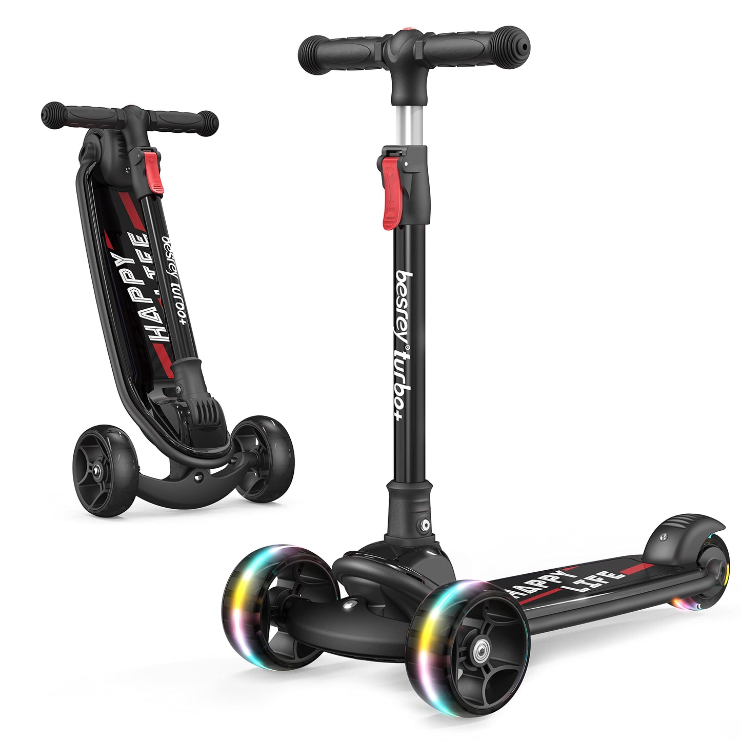 Besrey Kick Scooter For Kids Ages 3-10, 3 Wheel Scooter For Kids With Adjustable Height, Folding Kids Scooter With Led Light Wheels Rear Brak Extra Wide Deck Outdoor Activities For Boys/Girls
