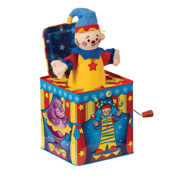 Schylling Silly Circus Jack in the Box - Classic Childrens Musical Toy - Colorful Embossed Tin Box and Friendly Plush - Age 18 