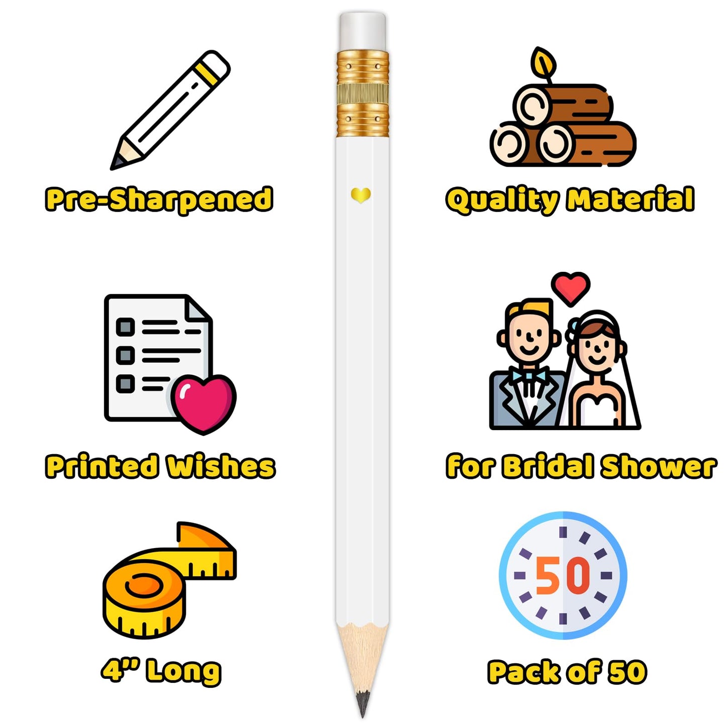 Vusnud 50Pcs Pre-sharpened Graphite Pencil for Bridal Shower & Wedding Games (White, She Said Yes, 4 Inches)