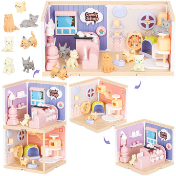 TQQFUN Cat Toys for Kids, 76 Pcs Cat and Dog Pretend Play Figures Playset, Toddlers Gift Interactive Role Play with Cake Treats,
