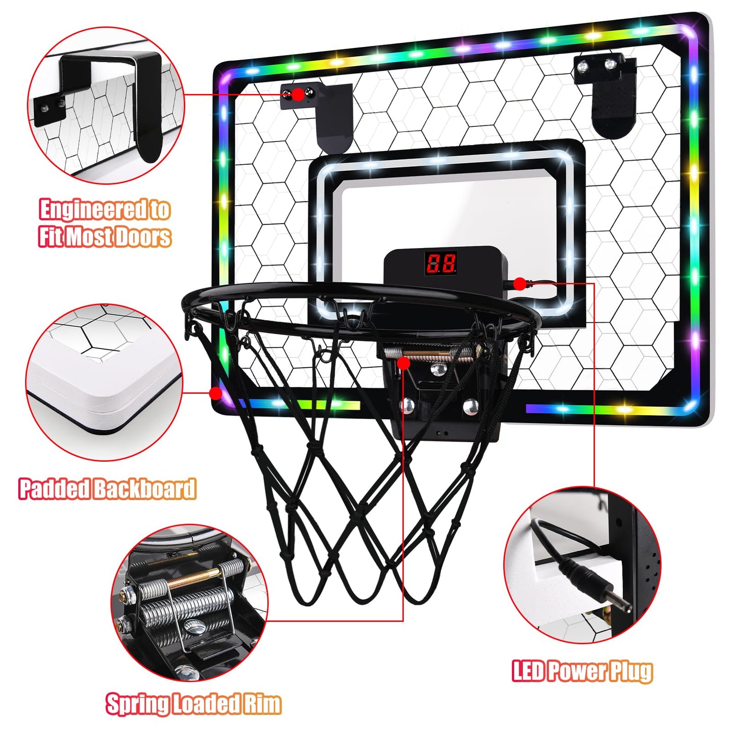 Basketball Hoop Indoor,Mini Hoop With Led Light/Scoreboard, Door Basketball Hoop Basketball Toys Gifts For 5 6 7 8 9 10 11 12 Year Old Boys Girls (Honeycomb Pattern)