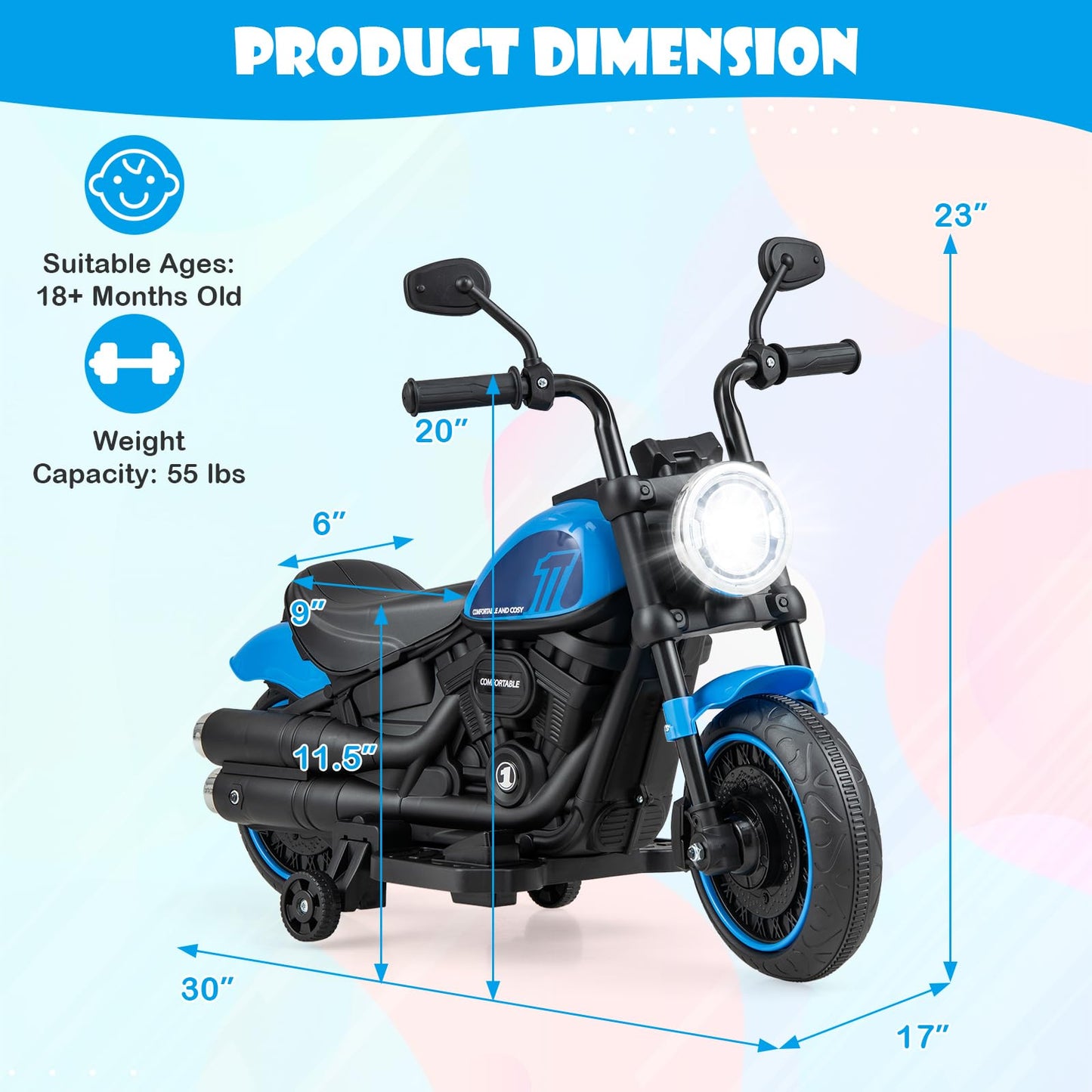 Costzon Toddler Motorcycle, 6V Battery Powered Electric Motorcycle With Detachable Training Wheels, Soft Start, Headlights & Music, Kids Motorcycle Ride On Toy For Toddlers Boys 18+ Months (Blue)
