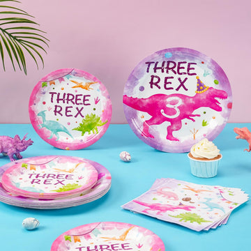 Wernnsai Dinosaur Party Tableware Set - 48 Pcs Watercolor Dinosaur Pink 3Rd Birthday Party Supplies Bundles For Girls Disposable Three Rex Plates And Napkins Dino Party Decorations Serves 16 Guests