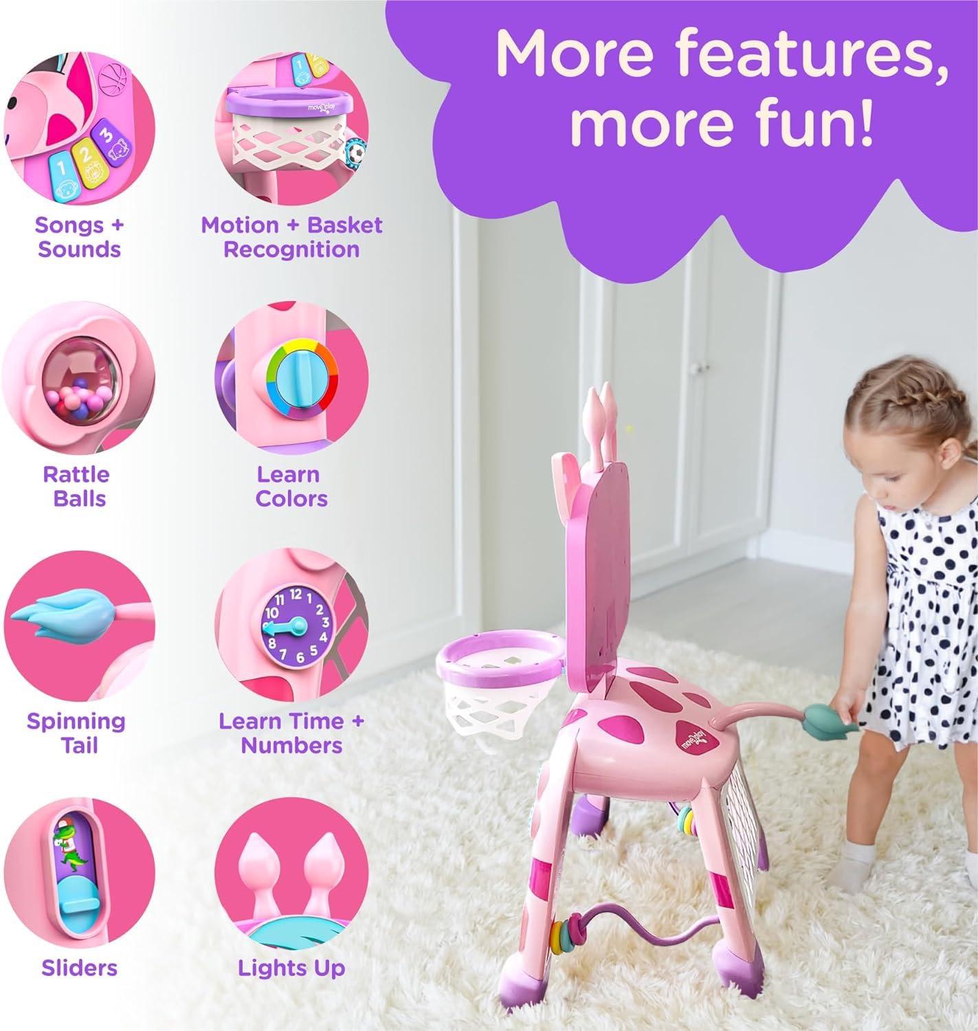 Move2Play, Giraffe Basketball Hoop & Soccer Goal Activity Center | 30+ Sounds & Lights | 1, 2, 3+ Year Old Christmas Gift & Birthday Present | 6, 12, 18, 24+ Month Toy For Baby, Toddler, Boys, & Girls