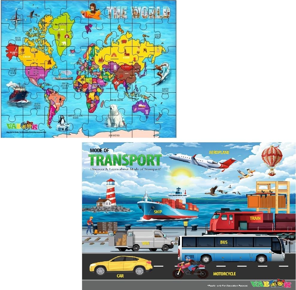 Wooden World Map & Modes of Transport Floor Puzzle Combo for Kids | 2in1 Educational Learning Set | Large 1316 inch (3341 cm) 