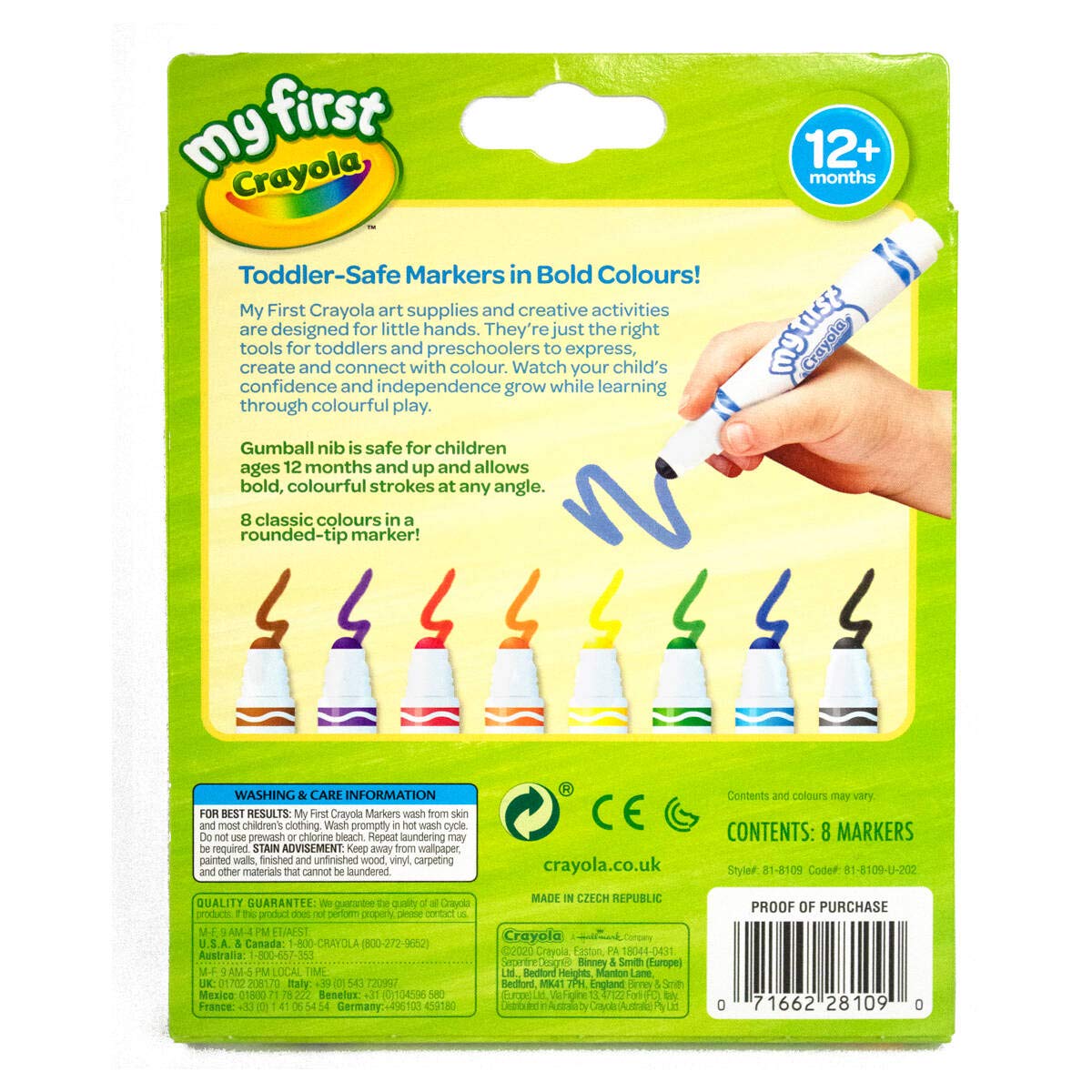 Crayola MyFirst Washable Markers - 8 Count Easy-Grip Markers for Toddlers - Multicoloured - Ideal for Kids 12+ Months - Model 81-8109