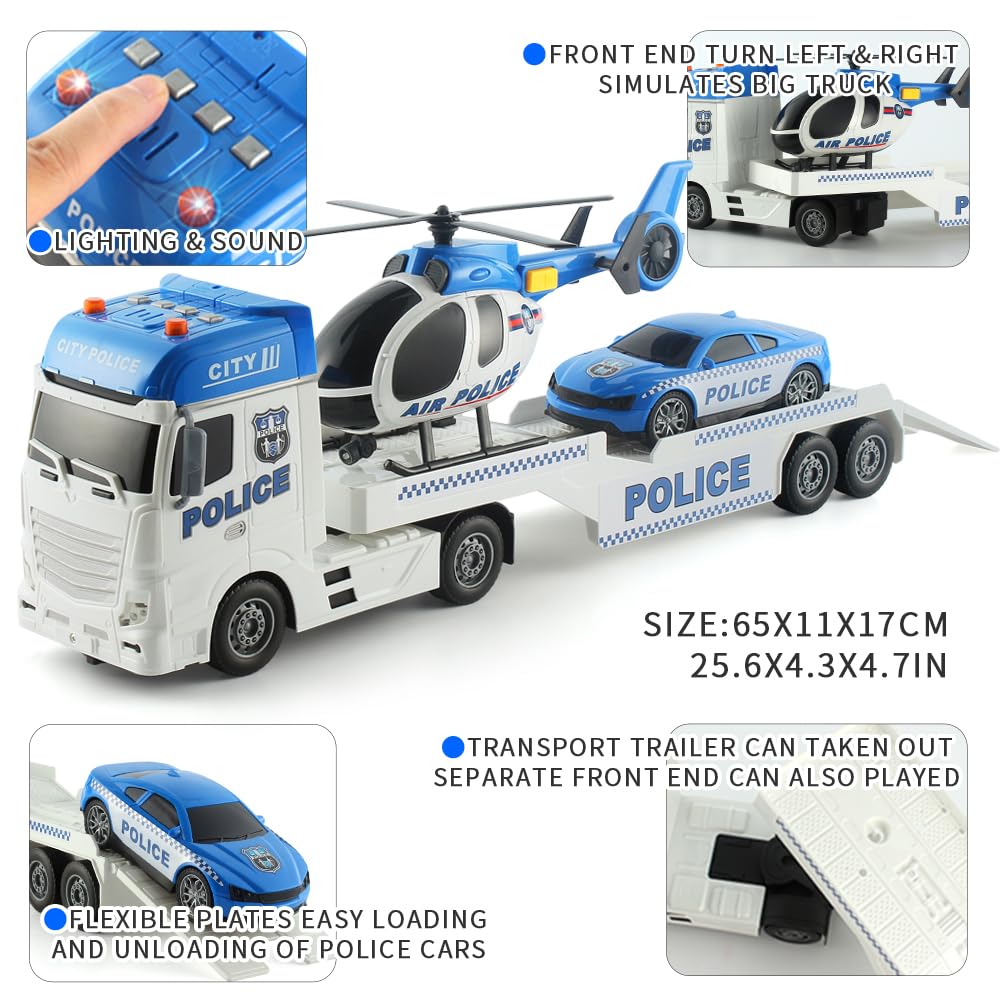 ANJARU Police Toys Vehicle Truck Playset - 25" Push & Go with Mini Car & Helicopter - Plastic - Police Trailer - Model 666-69F