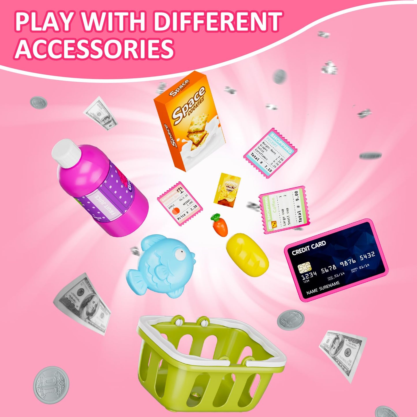 Hyes Kids Cash Register Toy Playset With Real Calculator, Toddler Pretend Play Store Incl Scanner/Credit Card/Play Money/Conveyo