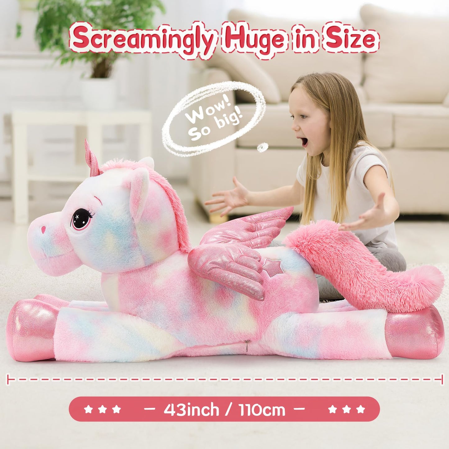 Tezituor 43" Pink Unicorn Stuffed Animal - Soft Plush Toy with Wings, Perfect Gift for Kids & Adults, Ideal for Valentine's Day & Birthdays