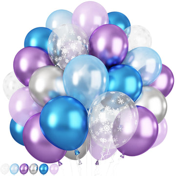 Jobkoo Frozen Balloons, 12 Inch Purple Blue Party Balloon Snowflake Balloons Metallic Silver Blue Purple Latex Helium Balloons F