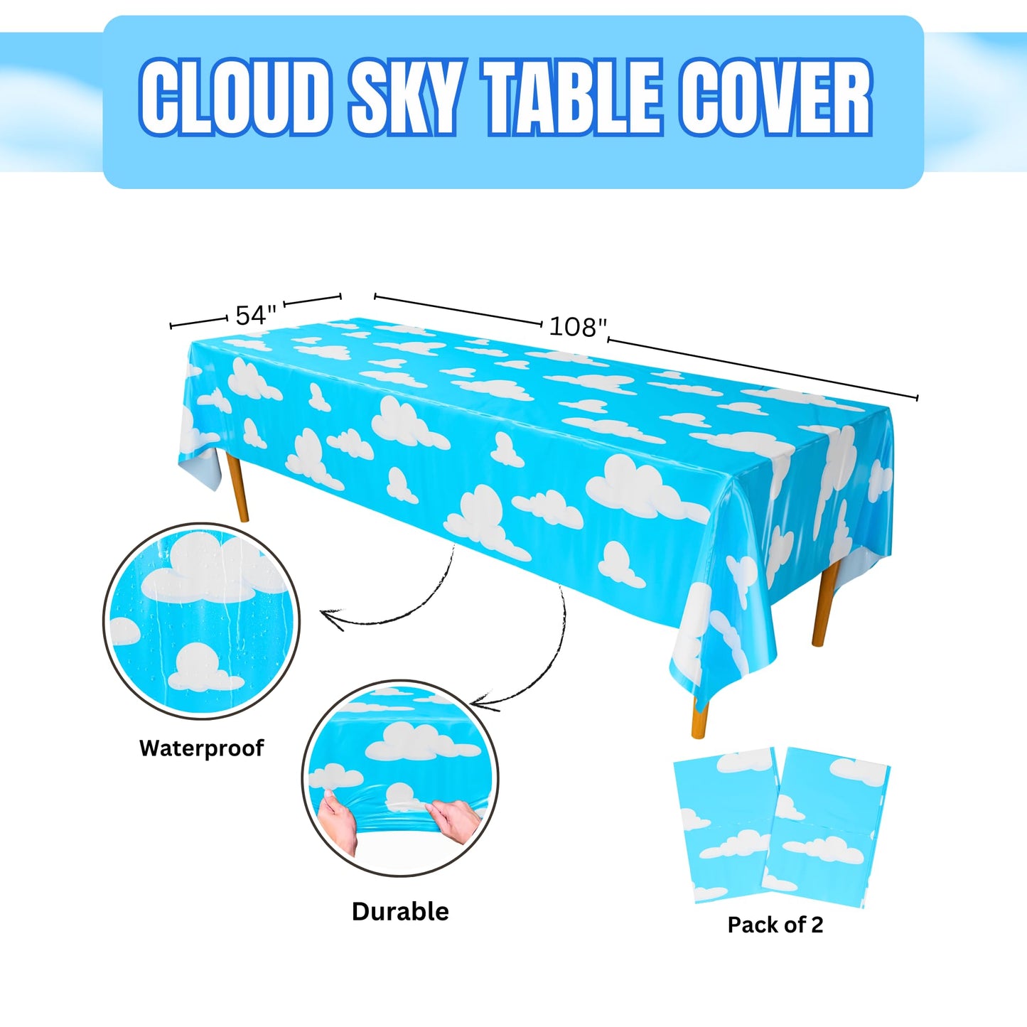 Blue Orchards Cloud Sky Table Covers (Pack Of 2) - 54'X108' Xl - Cloud Decorations, Cloud Backdrop, Sky Backdrop, Cloud Tablecloth, Sky Birthday Party Supplies, Cloud Theme Birthday Party