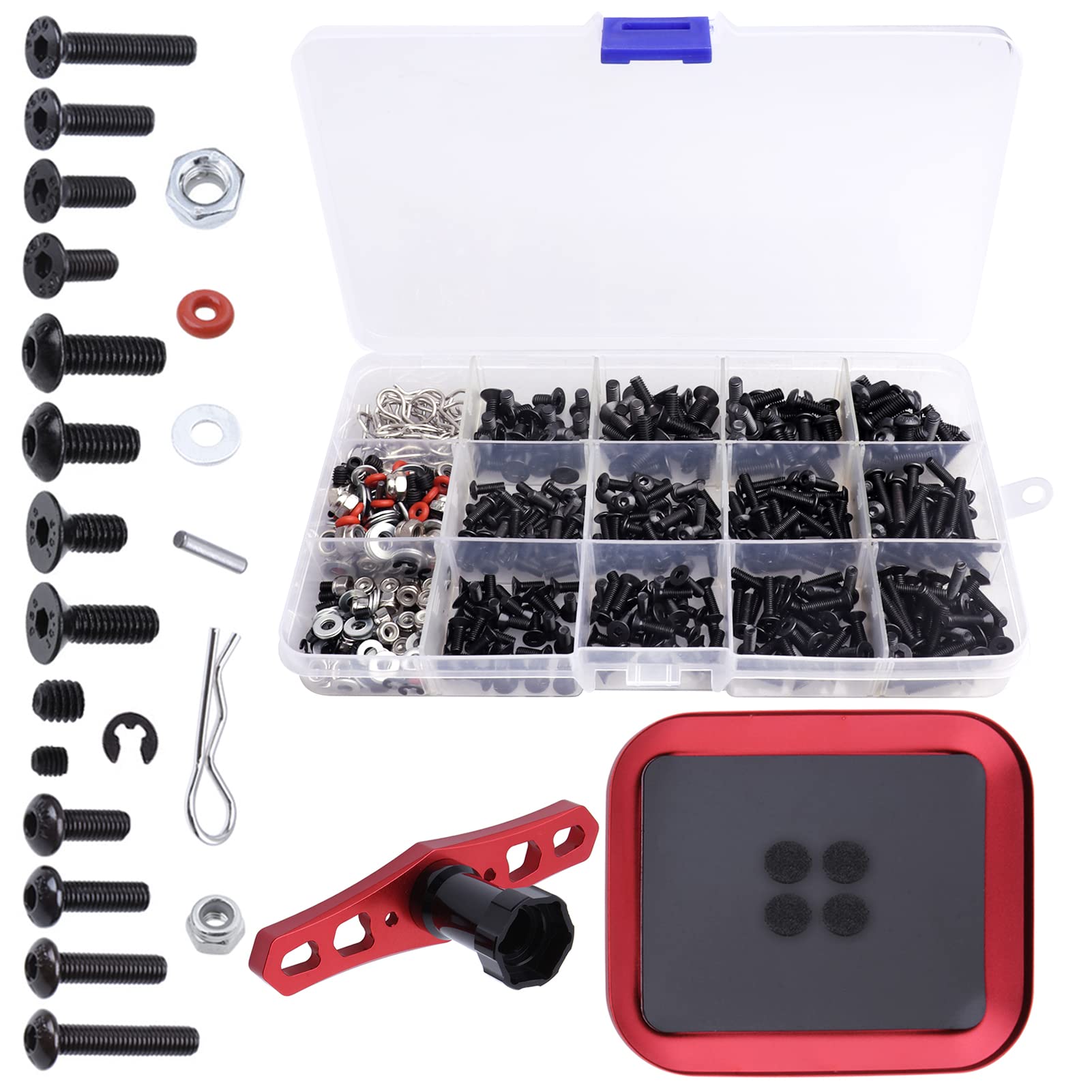 524Pcs RC Screw Kit RC Repair Tool Kit M3 M4 Hex Screws Nut Shell Body Clips Hardware Fastener w/Screw Tray and 17mm Hex Wrench 