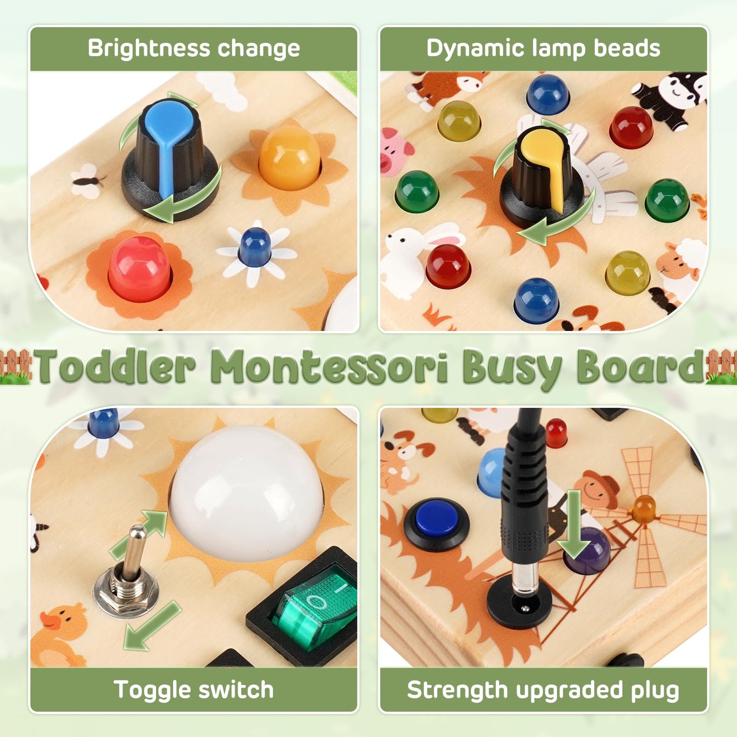 Joyreal Montessori Busy Board Wooden Sensory Toys for Toddler with LED Light Up Switch  Baby Fidget Board Travel Toys for 18+ Months  1 2 3 Year Old Boys Girls Toddler Toy Gifts (Farm)