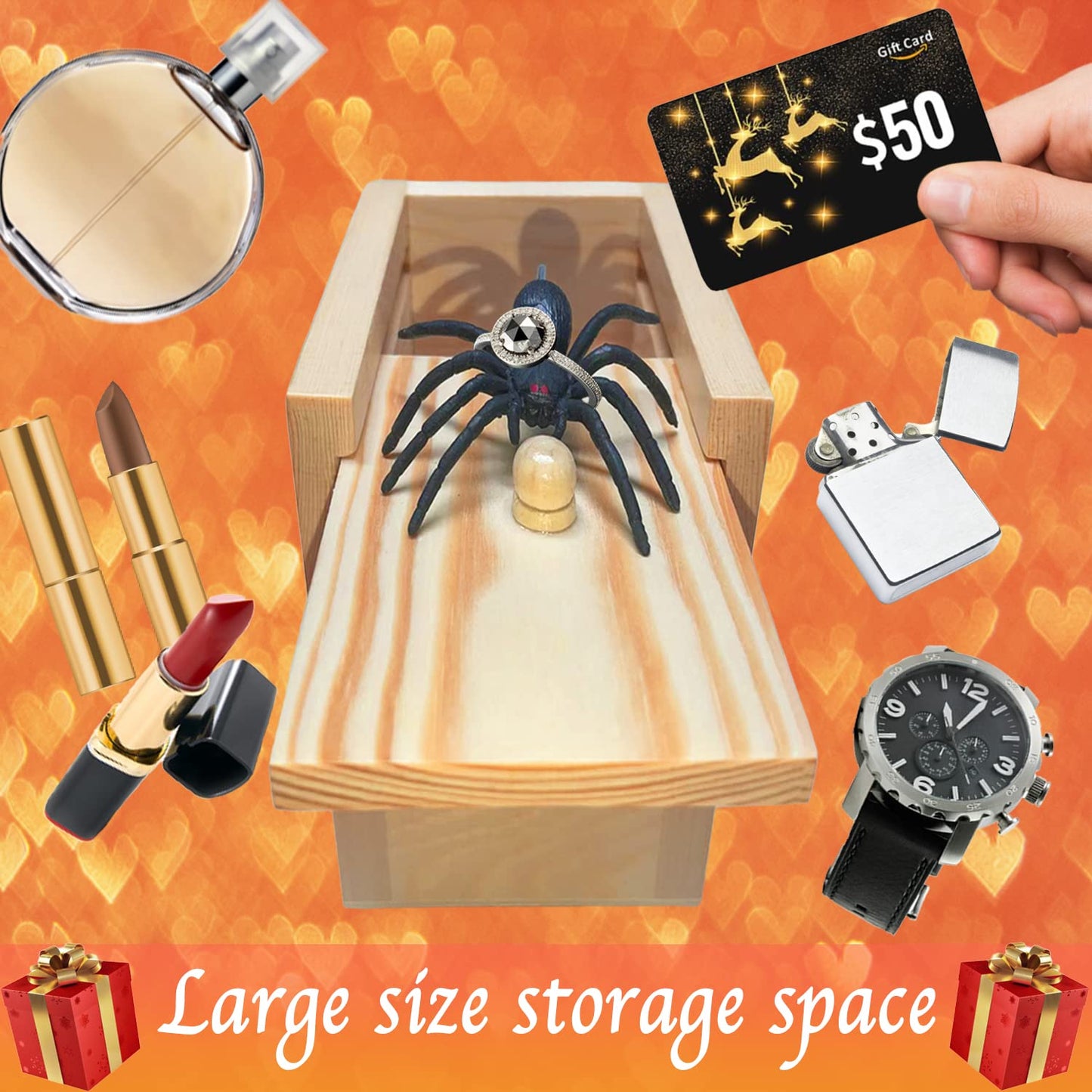 Jishi Large Wooden Spider Prank Box - Funny Surprise Gift for Kids, Adults, White, Ideal for Christmas and Stocking Stuffers